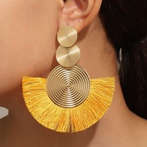 1pair Geometric Exaggerated Circle Tassel Drop Earrings, Bohemian Style Fan-Shap